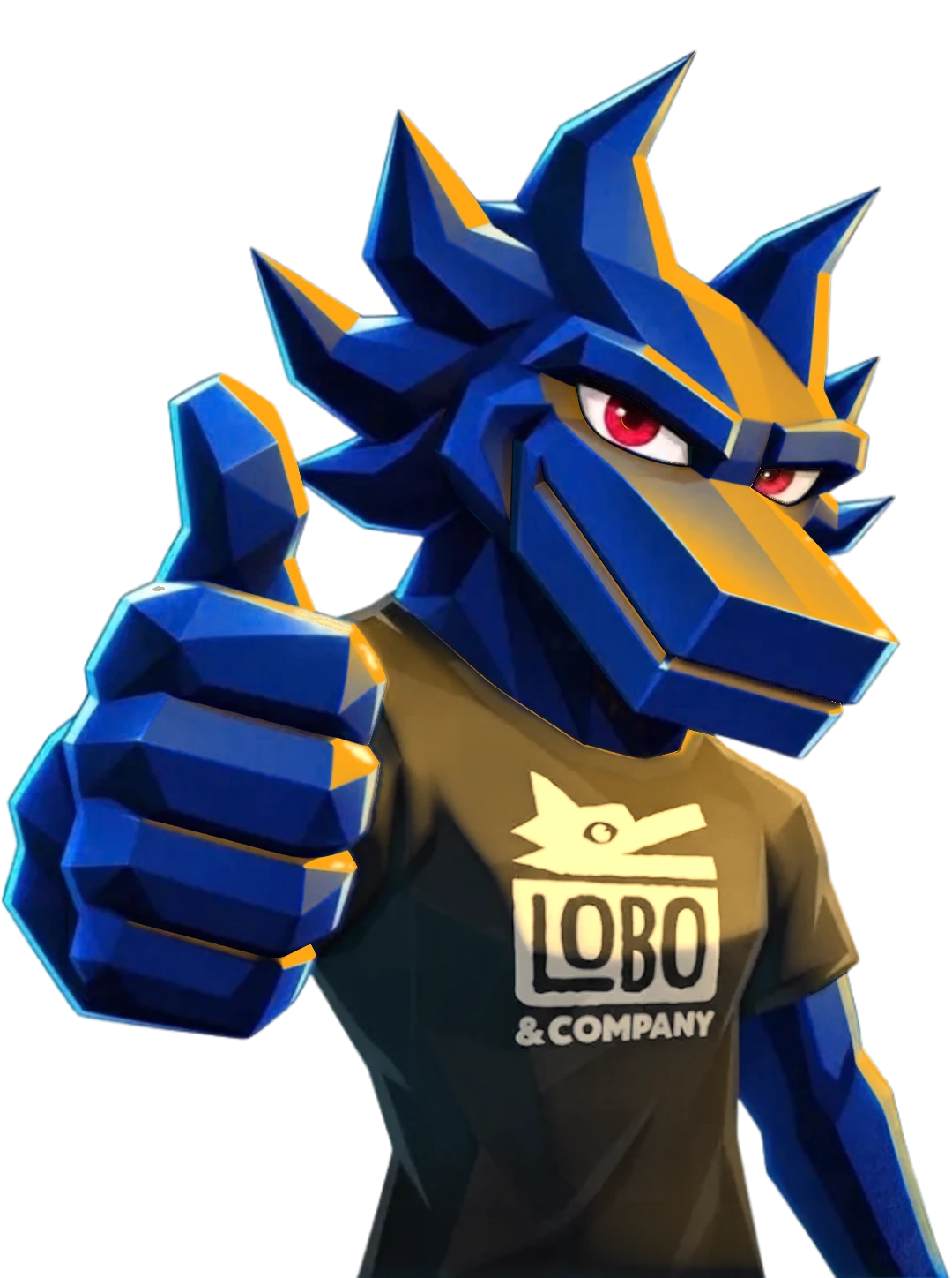 Lobo, the Lobo & Company mascot in a black Lobo & Company T-shirt, giving a thumbs-up