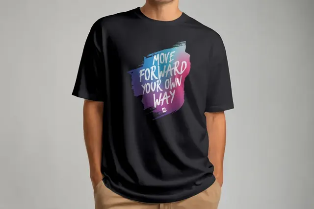 Black t-shirt with Move Forward Your Own Way lettering