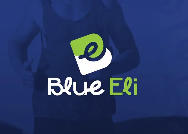 Blue Eli logo in white and green over a blue photo of a runner