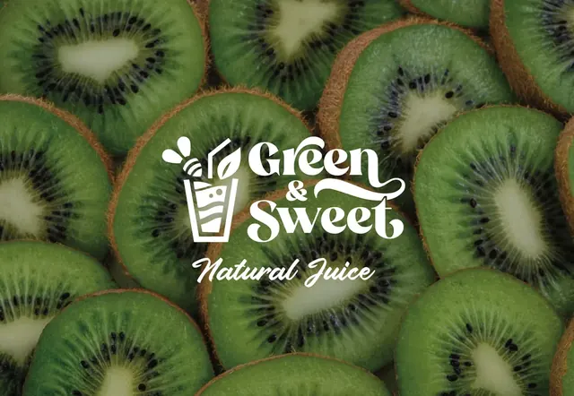 Green & Sweet Natural Juice logo over a pattern of sliced kiwi