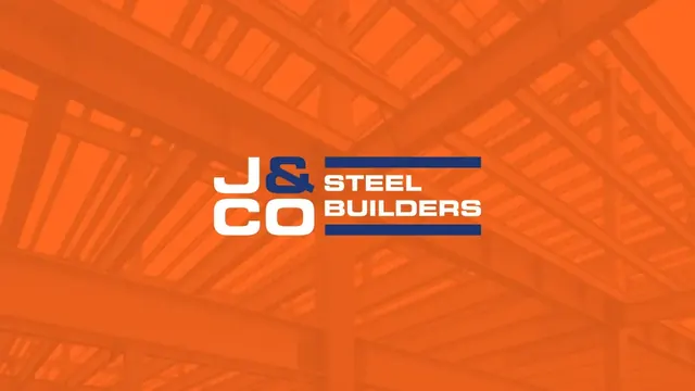 J&C Steel Builders logo over an orange steel-frame photo