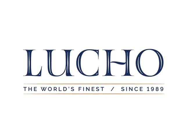 Lucho logo in navy serif letters on white