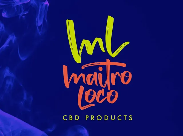 Maitro Loco CBD Products hand-lettered logo on deep blue