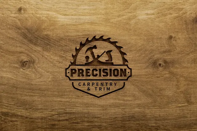 Precision Carpentry & Trim logo burned into a wooden board