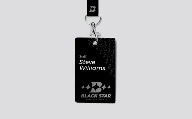 Black Star Strategic Events black staff badge on a lanyard