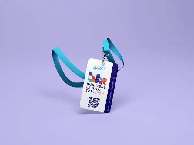Business Latina Expo attendee badge with a blue lanyard