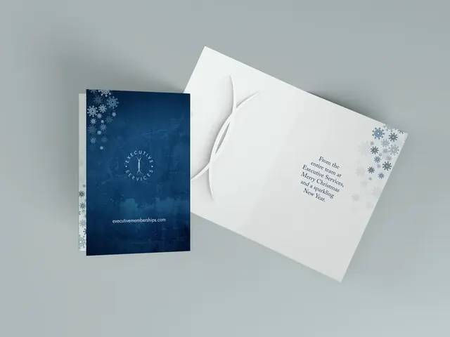 Executive Services navy holiday card with snowflakes, closed and open