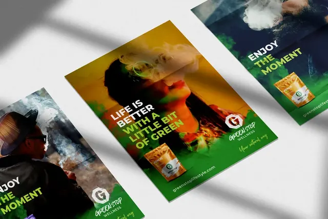Three Green Stop Wellness posters with the line Life is better with a little bit of green