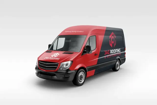 Red and black JAG Roofing & Restoration van
