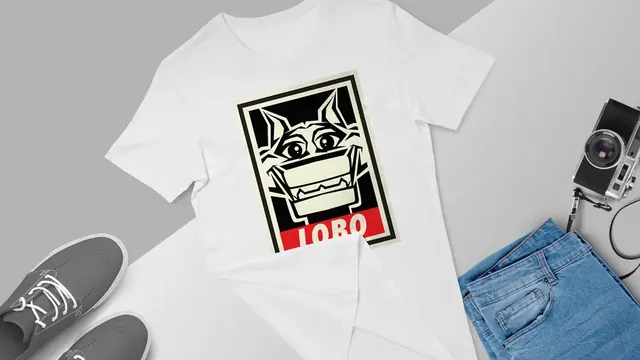 White t-shirt with a Lobo wolf poster-style graphic