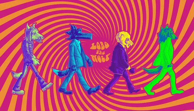Four wolves in suits walking across a psychedelic orange and pink spiral