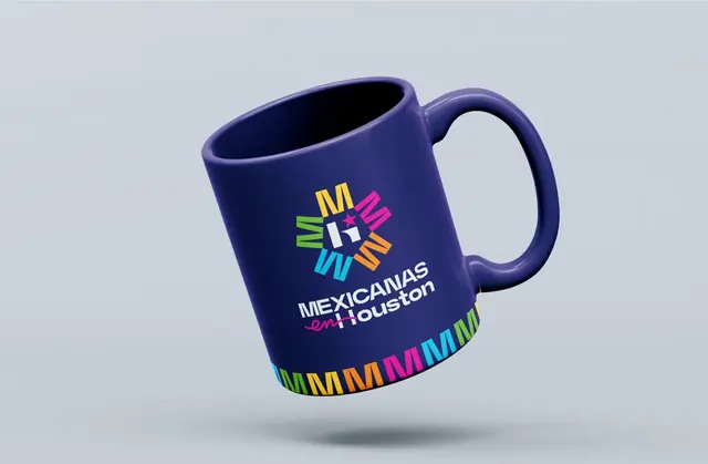 Blue Mexicanas en Houston mug with the colorful logo and a border of letter M's