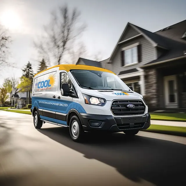 Mr. Cool A/C and Heating branded van driving past a house