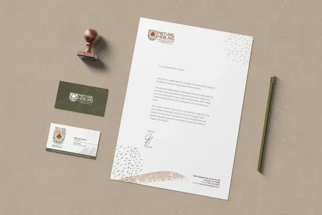 Natural Healing Solutions Brazil letterhead, business cards and stamp on kraft paper