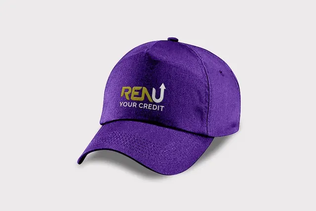 Purple baseball cap with the RENU Your Credit logo