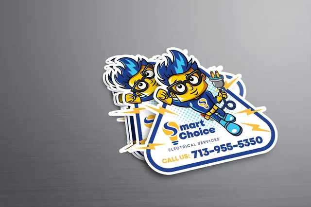 Die-cut Smart Choice Electrical Services stickers with the electrician mascots