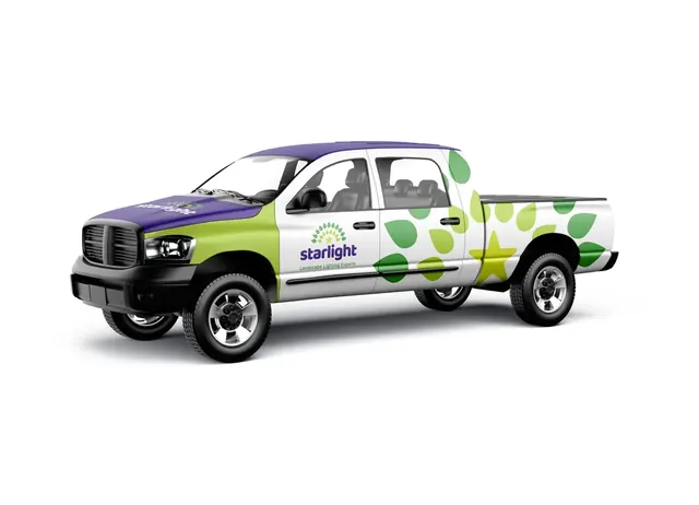 Starlight Landscape Lighting pickup truck with a green leaf wrap