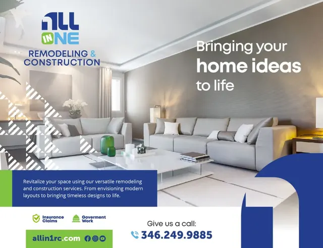 All In One Remodeling & Construction ad with a modern living room and the line Bringing your home ideas to life