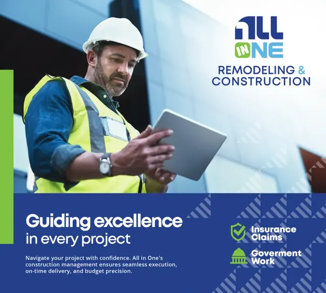All In One Remodeling & Construction post with a site manager holding a tablet and the line Guiding excellence in every project