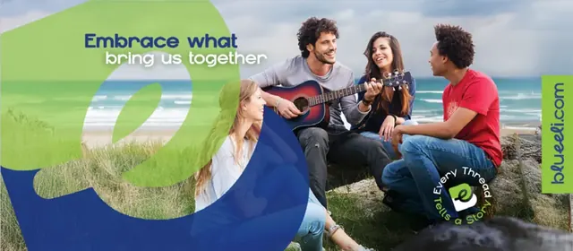 Blue Eli Facebook cover with friends playing guitar by the sea and the line Embrace what brings us together