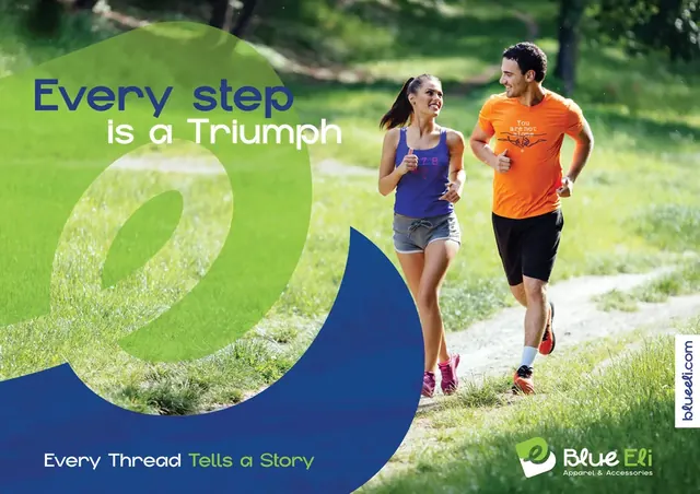 Blue Eli key visual with two runners on a trail and the line Every step is a triumph