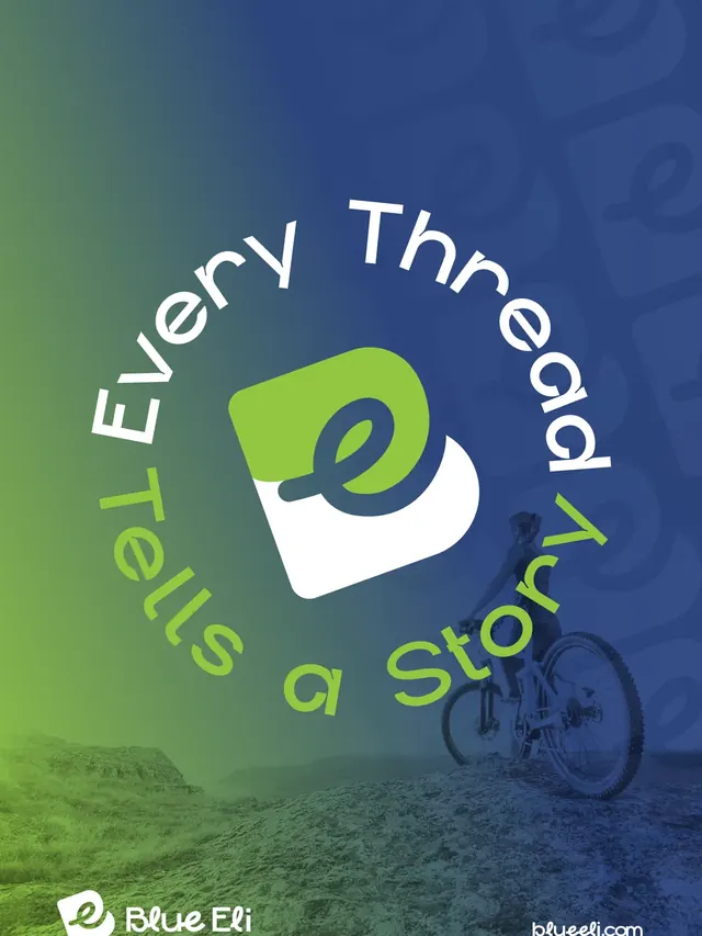 Blue Eli key visual with the line Every thread tells a story curved around the logo