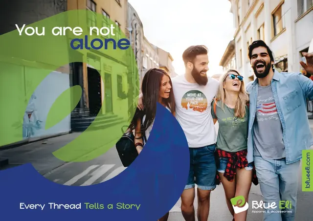 Blue Eli key visual with a group of friends walking down a street and the line You are not alone