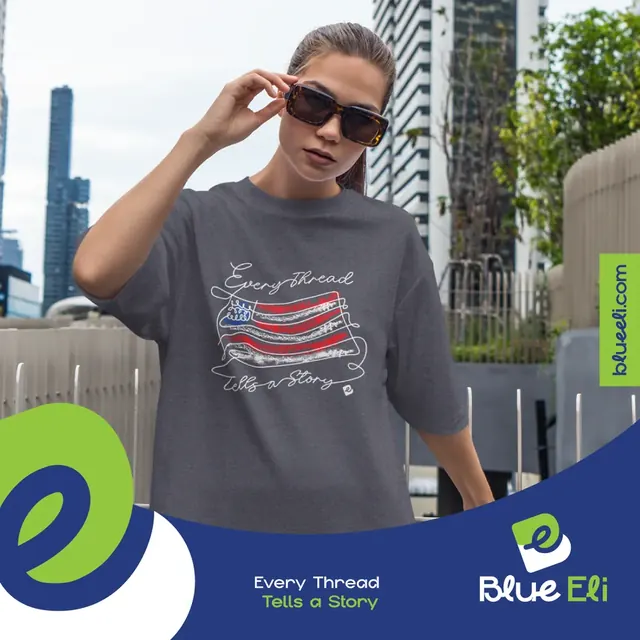 Blue Eli post with a woman in sunglasses wearing a graphic tee and the line Every thread tells a story