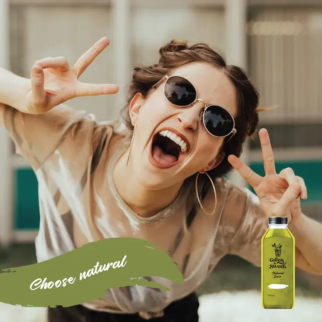 Green & Sweet post with a joyful woman making peace signs beside a juice bottle and the line Choose natural