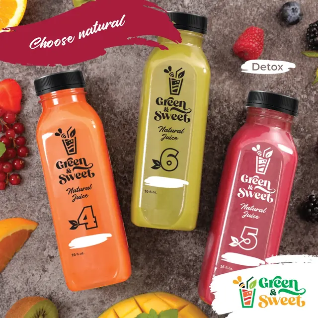 Green & Sweet post with three juice bottles surrounded by fresh fruit