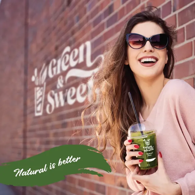 Green & Sweet post with a smiling woman holding a green juice and the line Natural is better