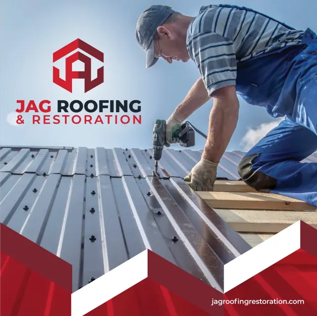 JAG Roofing & Restoration post with a roofer installing a metal roof