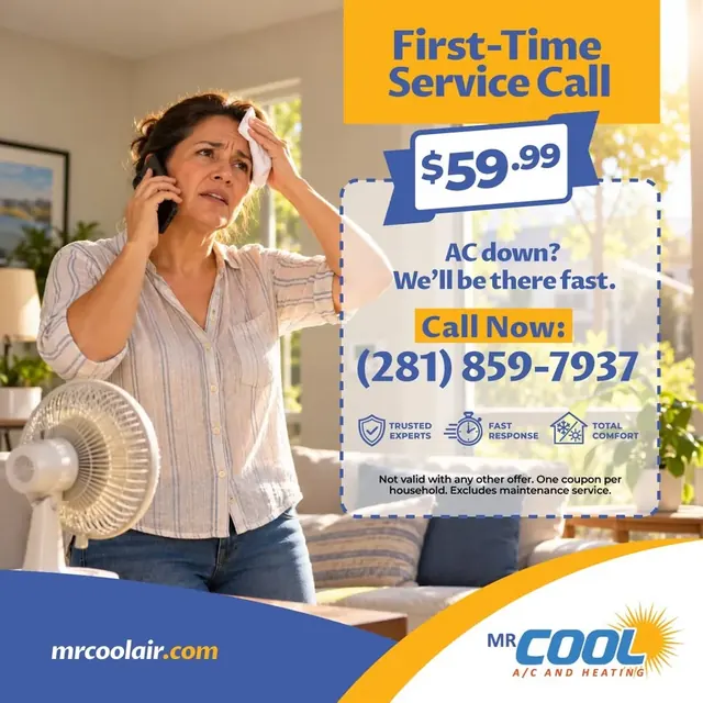 Mr. Cool A/C and Heating ad offering a first-time service call, with a woman cooling off beside a fan