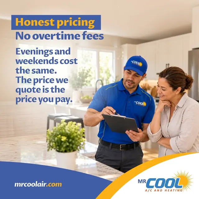 Mr. Cool A/C and Heating ad with a technician and a homeowner and the line Honest pricing, no overtime fees