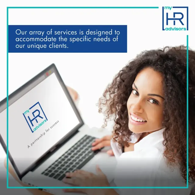 My HR Advisors post with a woman at a laptop showing the logo