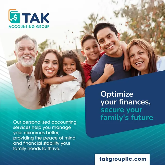 TAK Accounting Group post with a smiling multigenerational family and the line Optimize your finances, secure your family's future