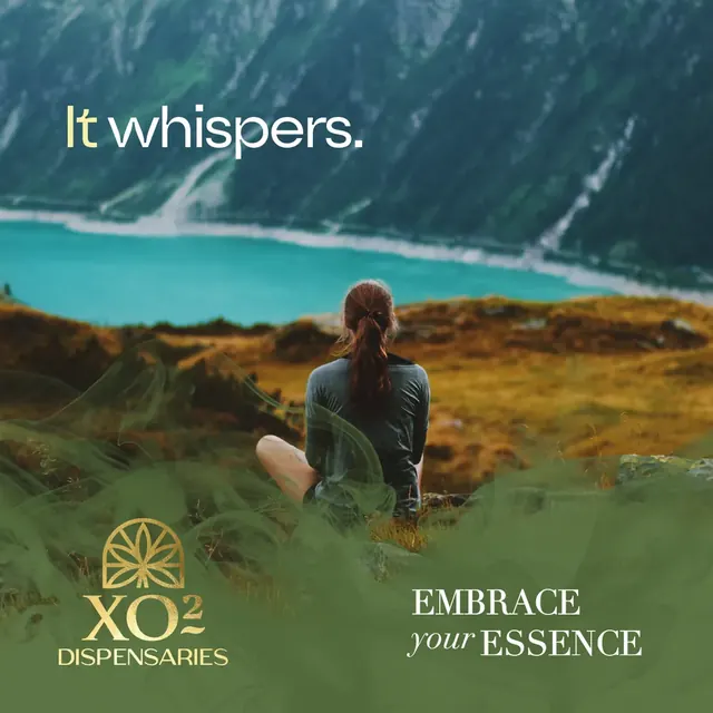 XO2 Dispensaries post with a person sitting by a mountain lake and the line It whispers