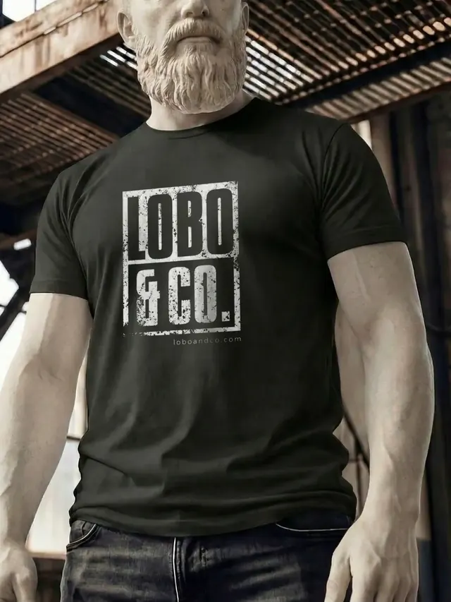 Dark t-shirt with a distressed Lobo & Co. logo