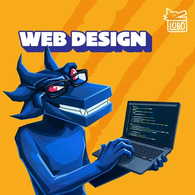 Lobo character working on a laptop under the words Web Design