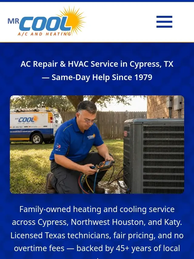Mobile view of the Mr. Cool A/C and Heating website