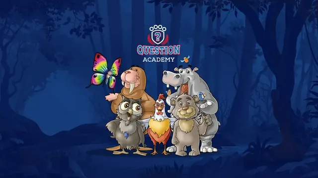 Question Academy animal characters in a blue forest scene