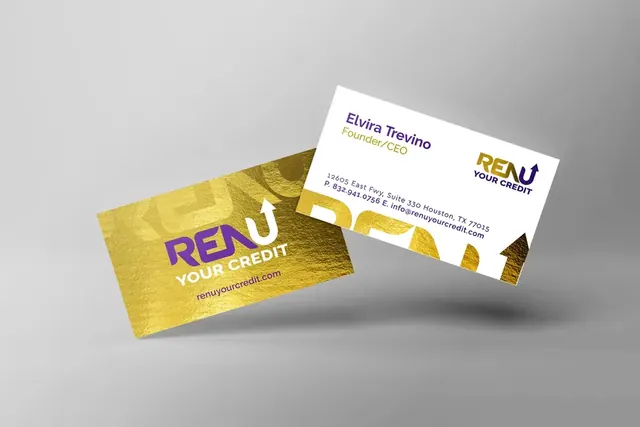 Gold and white RENU Your Credit business cards