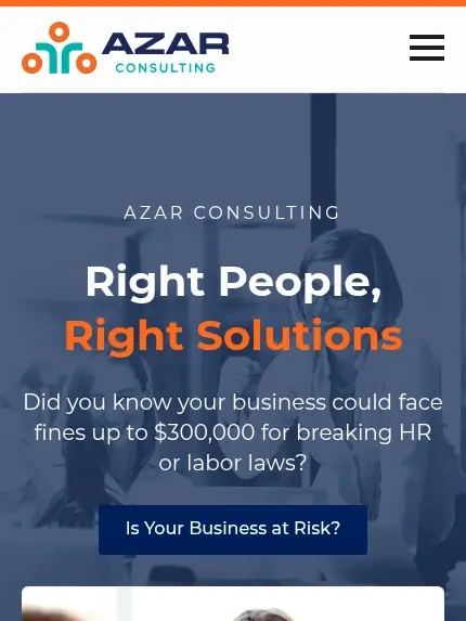 Mobile view of the Azar Consulting HR website, Right people, right solutions