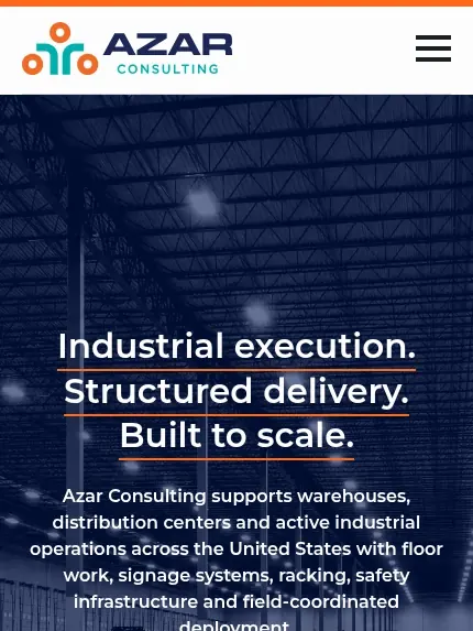 Mobile view of the Azar Consulting website, Industrial execution, structured delivery