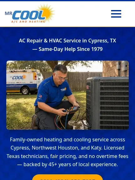 Mobile view of the Mr. Cool A/C and Heating website