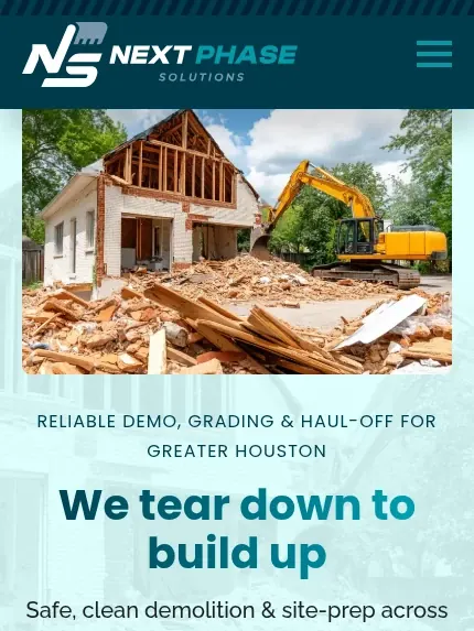 Mobile view of the Next Phase Solutions website for demolition and site prep