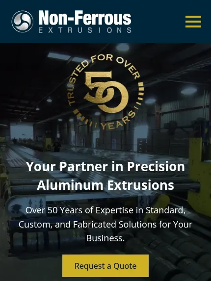 Mobile view of the Non-Ferrous Extrusions website, trusted for over 50 years