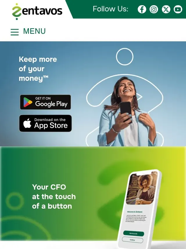 Mobile view of the Zentavos financial app website