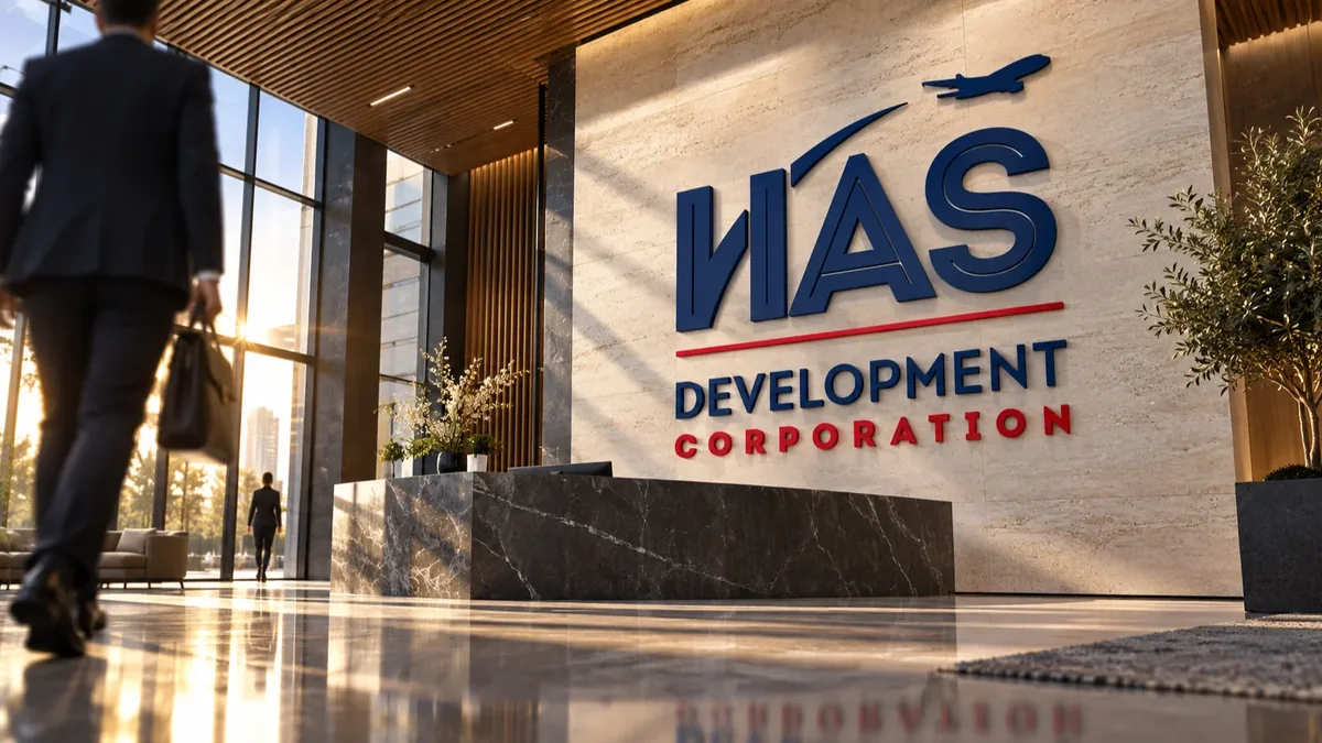 HAS Development Corporation logo as a dimensional wall sign in a stone office lobby