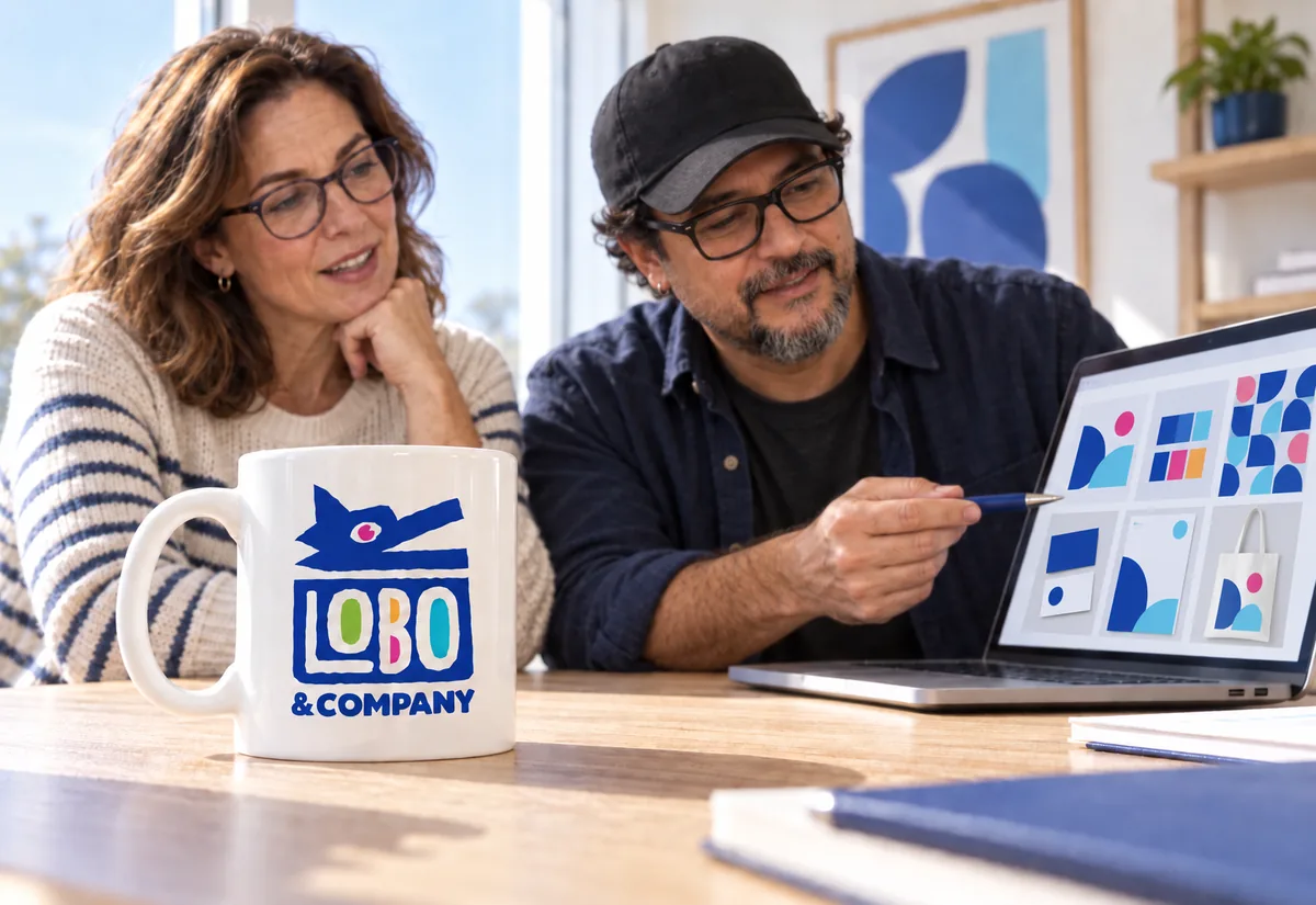 Designer walking a client through a brand identity presentation on a laptop